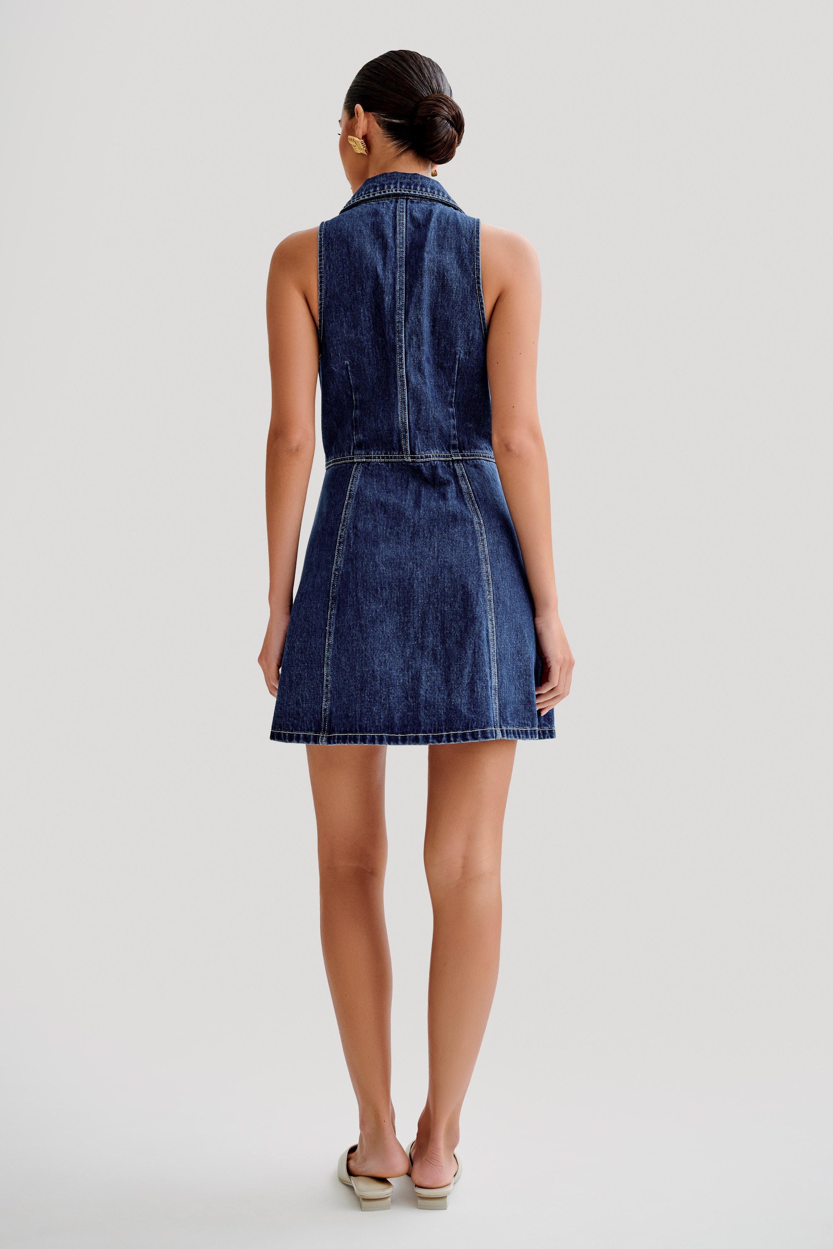 Eugenie Collared Denim Mini Dress - Dark Blue Product Image