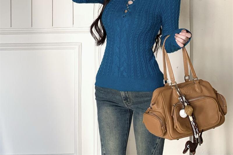 Crew Neck Plain Cutout Cross Strap Cable-Knit Sweater Product Image