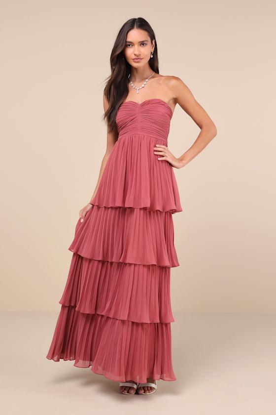 Seriously Sensational Rusty Rose Strapless Tiered Maxi Dress Product Image