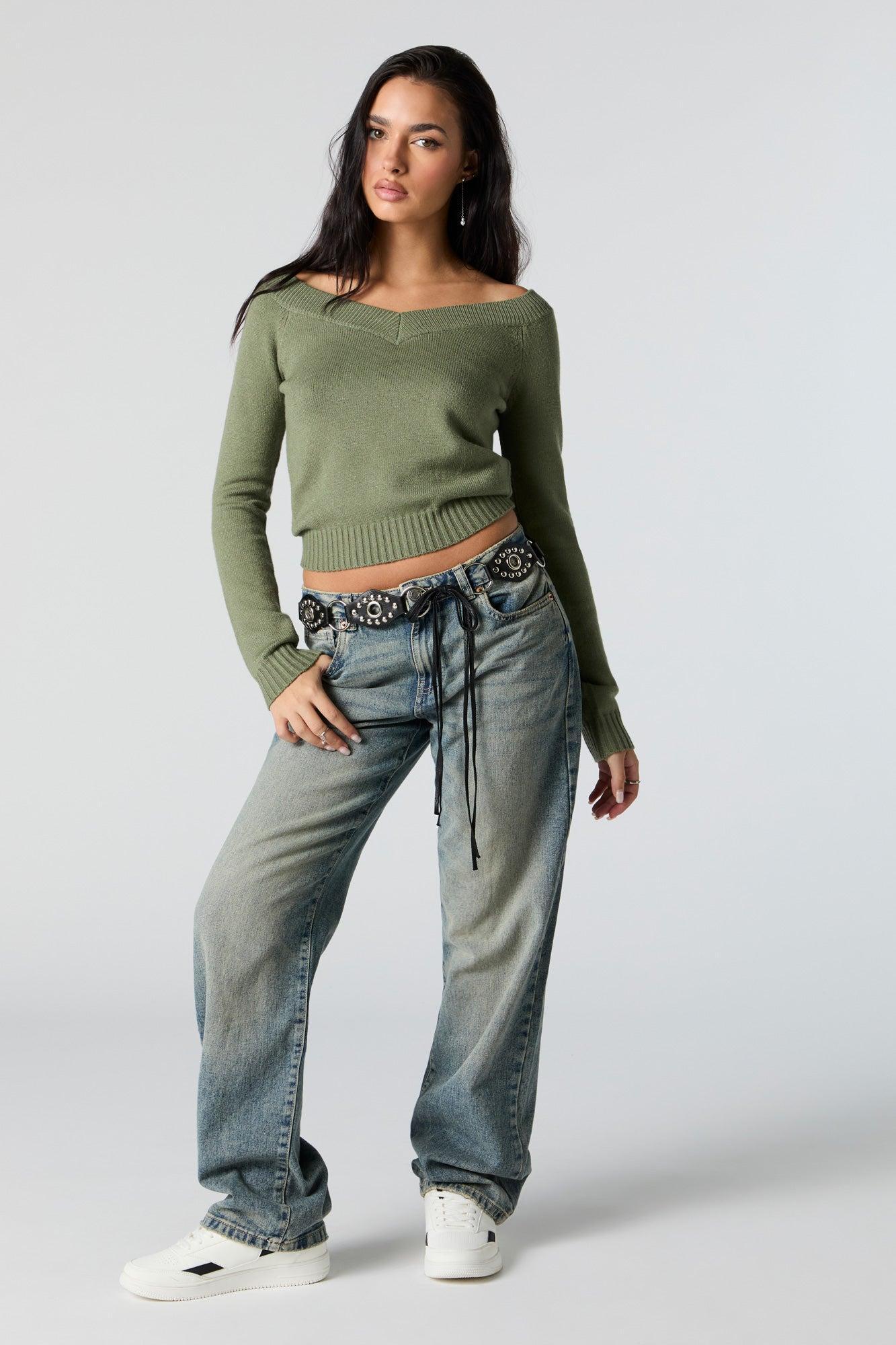 V-Neck Off Shoulder Sweater Female Product Image