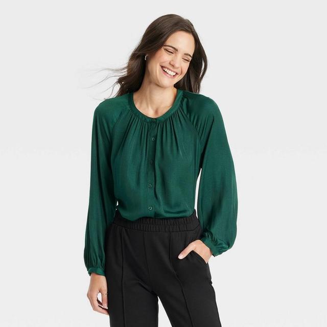 Women's Balloon Long Sleeve V-Neck Blouse - A New Day™ Green M Product Image