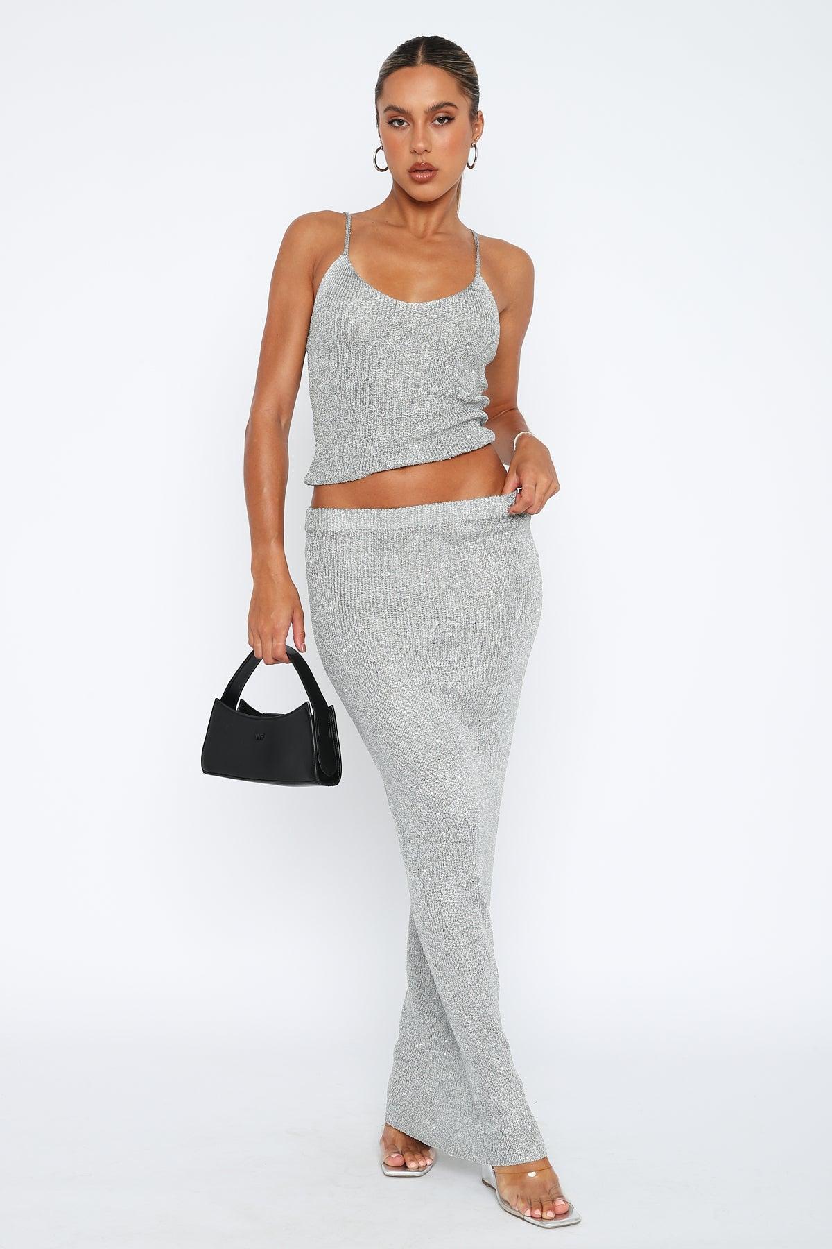 Star Shining Sequin Knit Maxi Skirt Grey Product Image