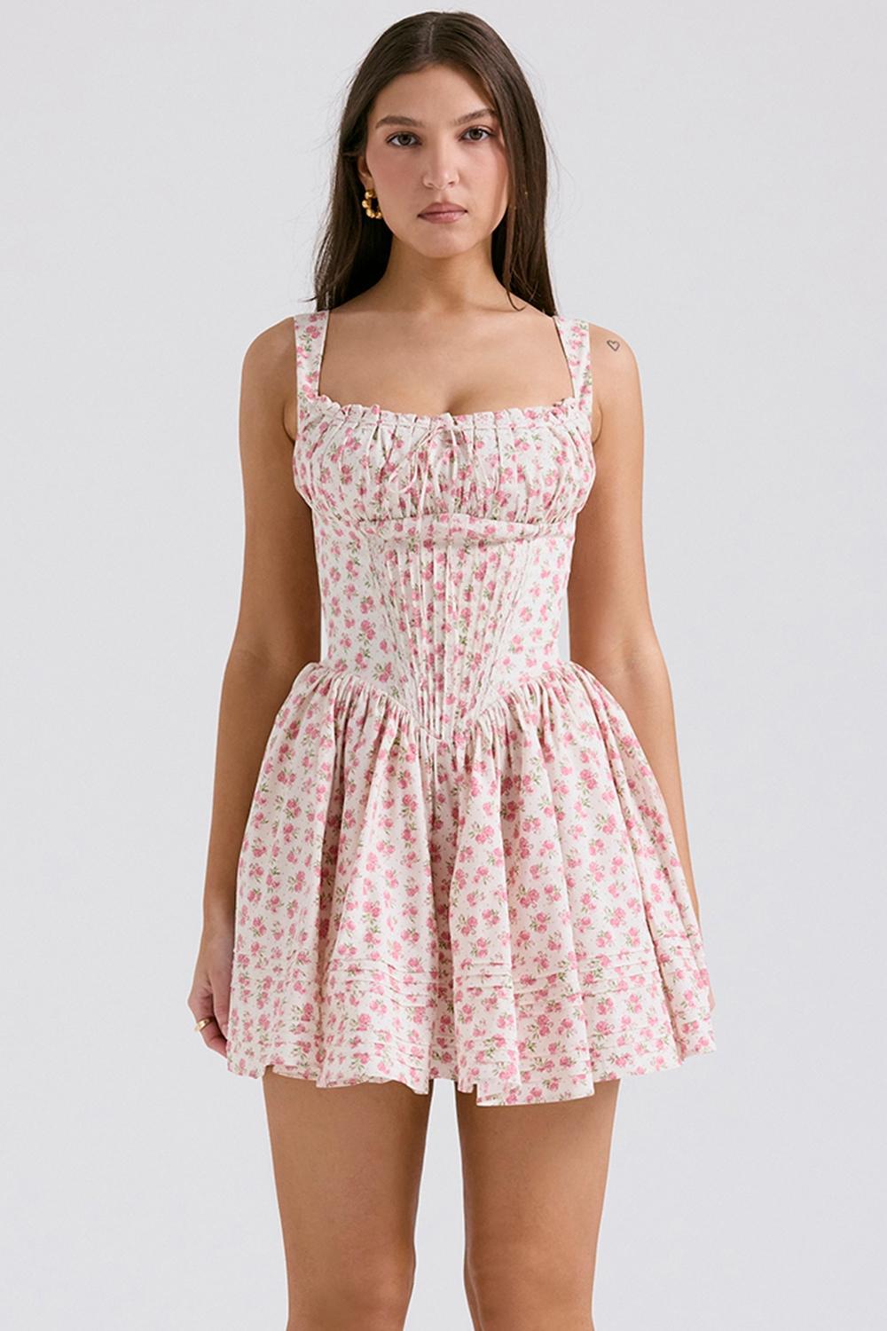 Natassia White Rosebud Print Cotton Mini Dress Product Image