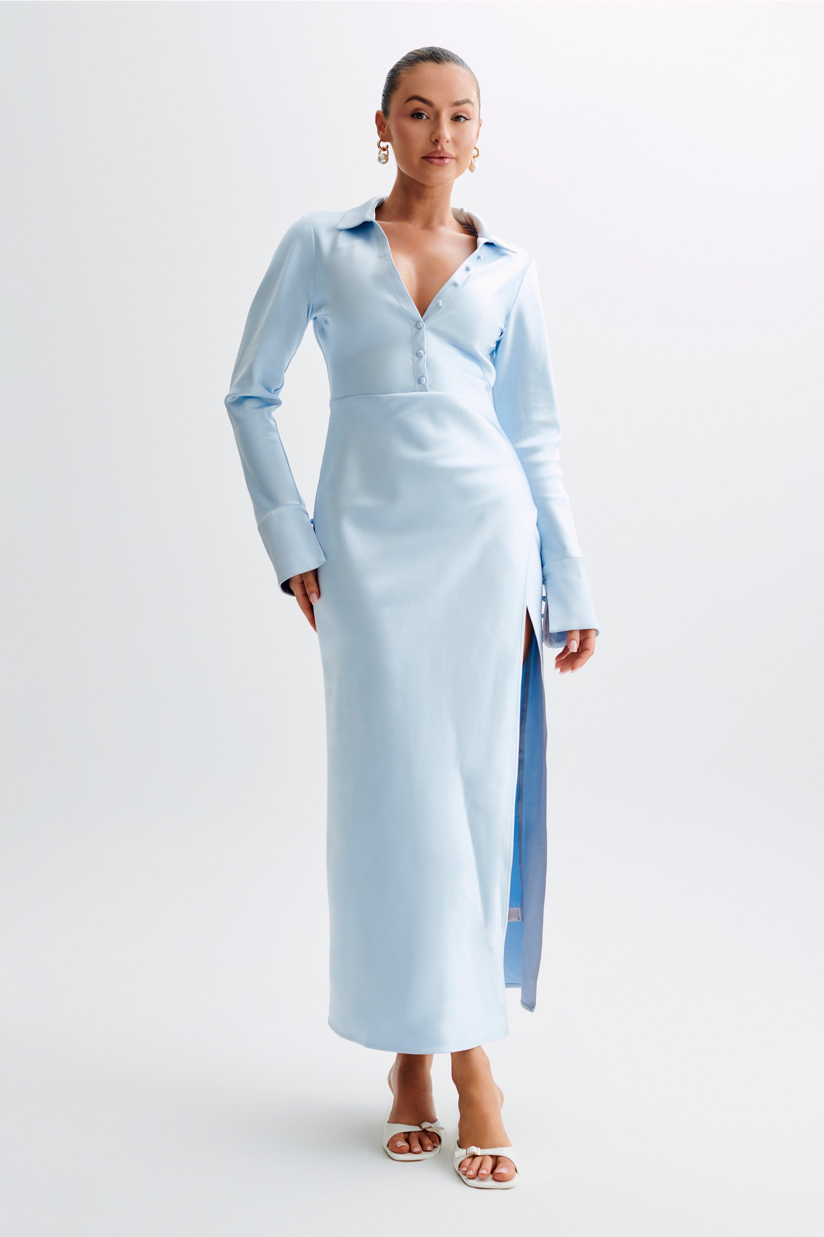 Whitley Satin Collared Maxi Dress - Ice Blue Product Image