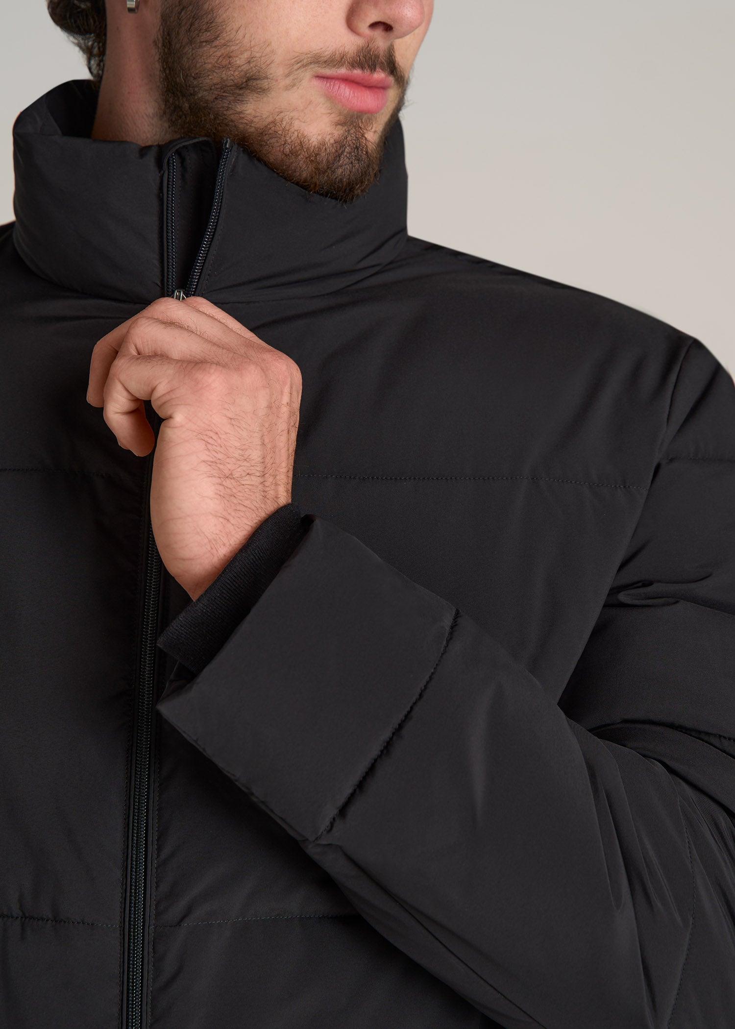 Stand Collar Puffer Coat Jacket for Tall Men in Black Male Product Image