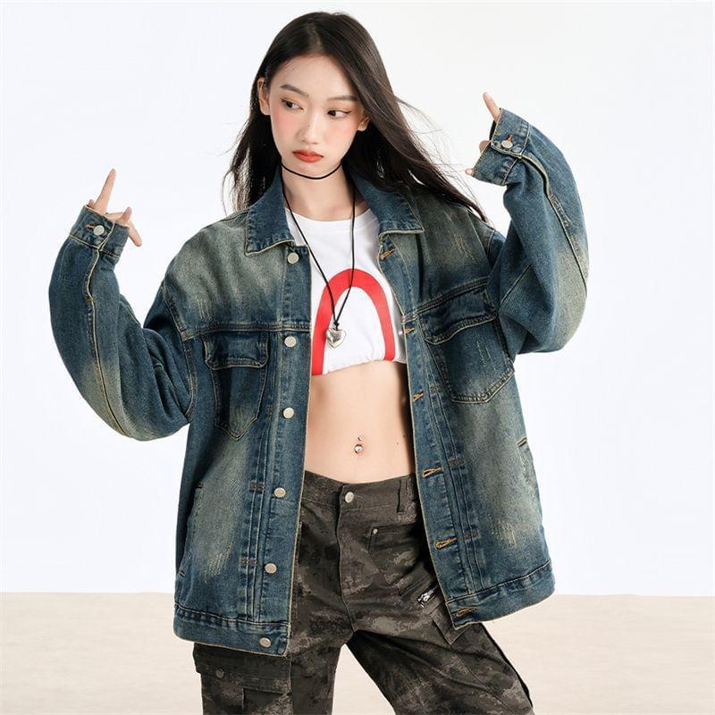 Collared Washed Button Denim Jacket Product Image