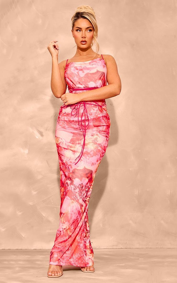 Pink Floral Printed Mesh Cowl Neck Maxi Dress Product Image