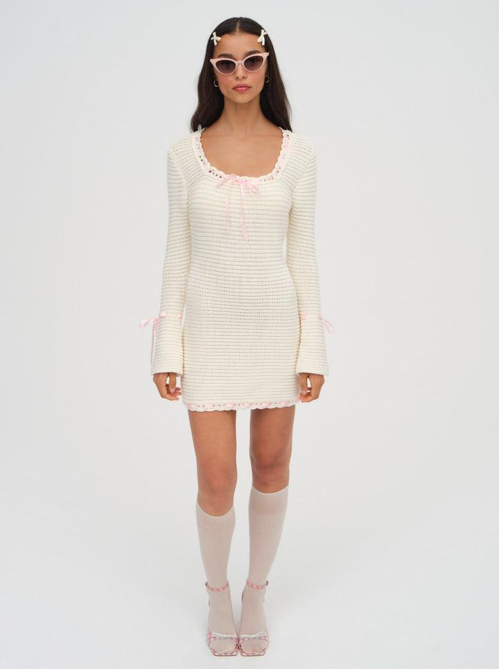 Olina Crochet Mini Dress — Beige Product Image