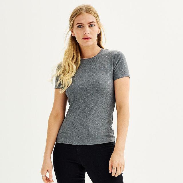 Womens Nine West Fitted Ribbed Crewneck Top Coal Grey Product Image