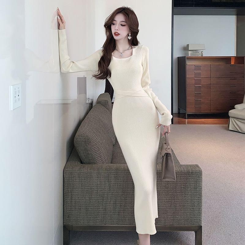 Long Sleeve Square Neck Plain Criss Cross Ribbed Knit Midi Sheath Dress Product Image