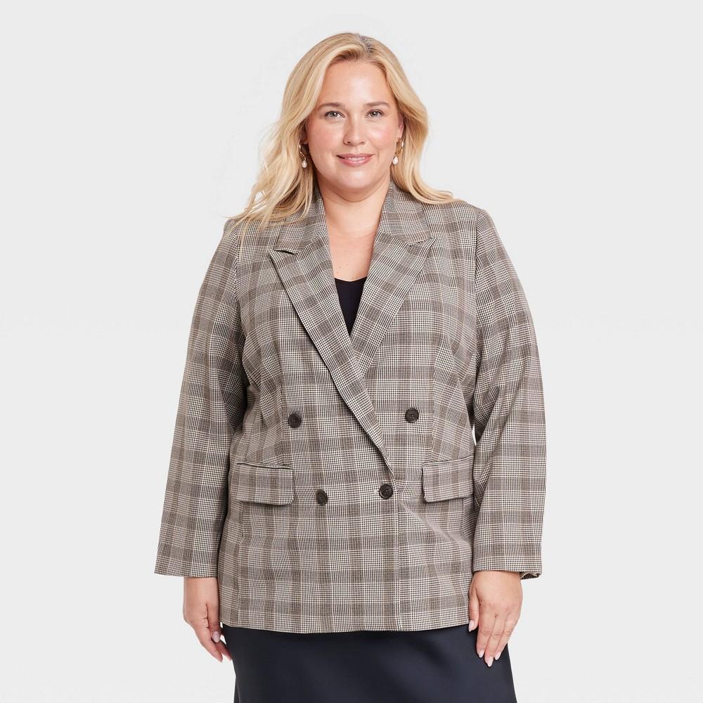 Womens Double Breasted Blazer - A New Day Brown Plaid 1X Product Image