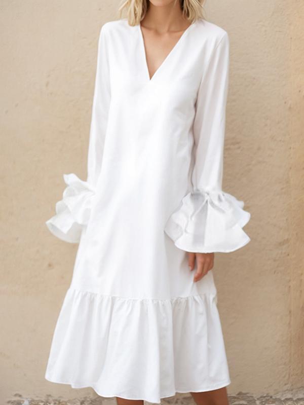 A-Line Flared Sleeves Pleated Solid Color Split-Joint V-Neck Midi Dresses Product Image