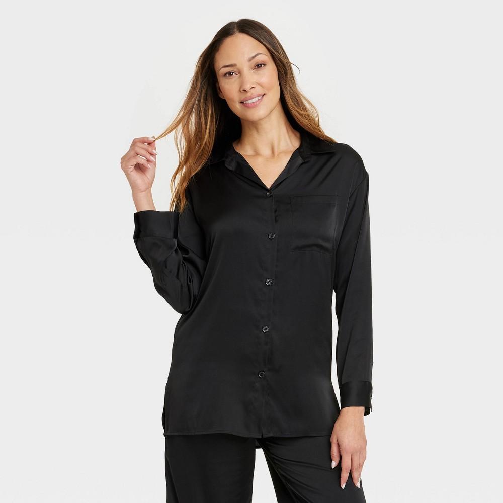 Womens Satin Long Sleeve Button-Down Shirt - Stars Above Black M Product Image