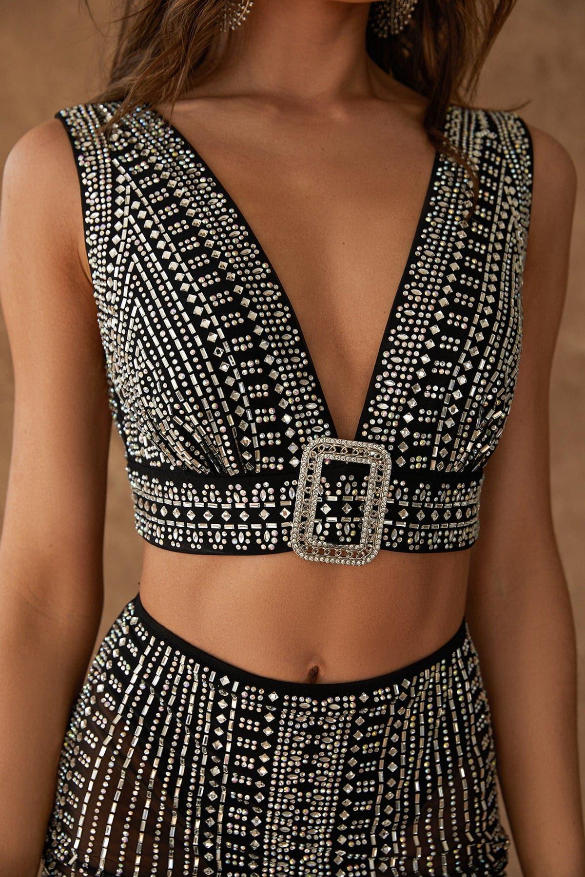 Violet Black Rhinestone Mesh Mini Skirt  Product Image