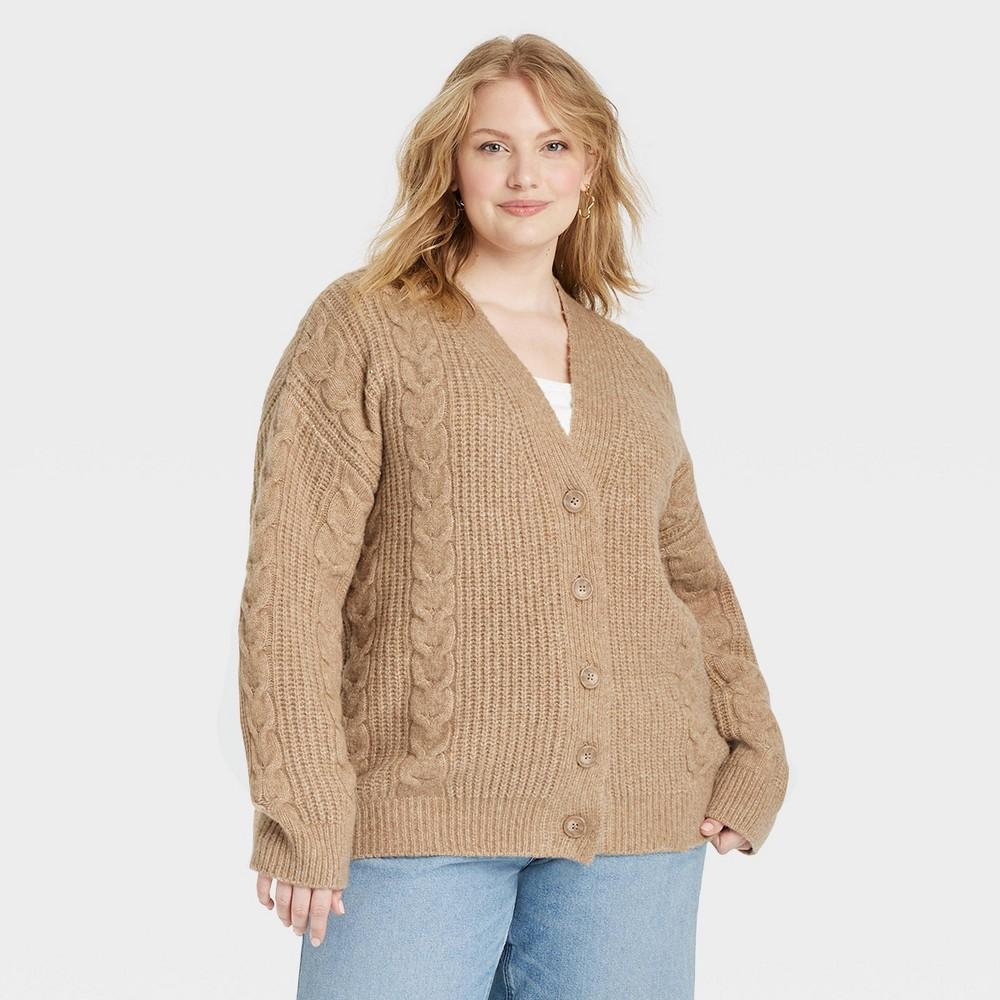 Womens Cozy Knit Cable Stitch Cardigan - Universal Thread Tan 3X Product Image