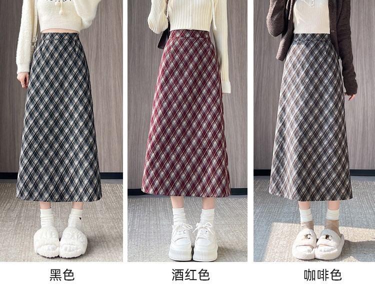 High Waist Plaid A-Line Midi Skirt Product Image