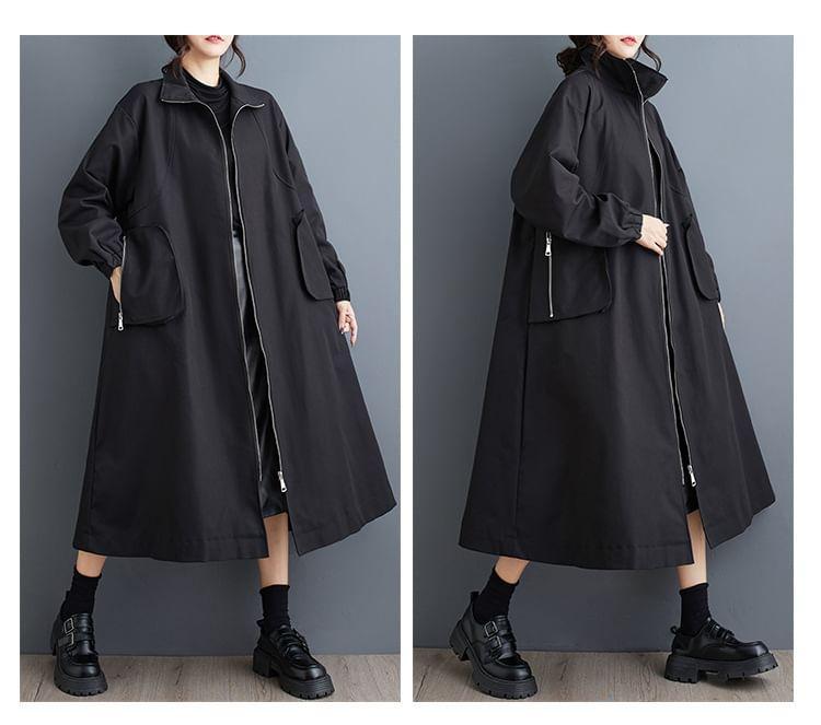 Stand Collar Plain Zip-Up Long Trench Coat Product Image