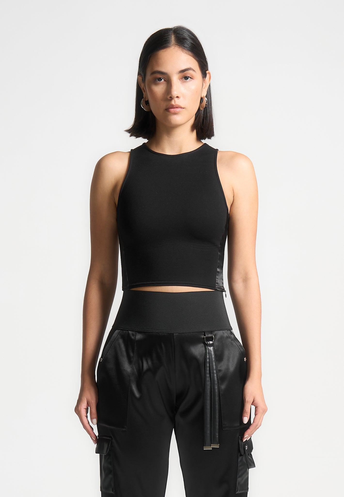 Racer Crop Top with Satin Panels - Black Female Product Image