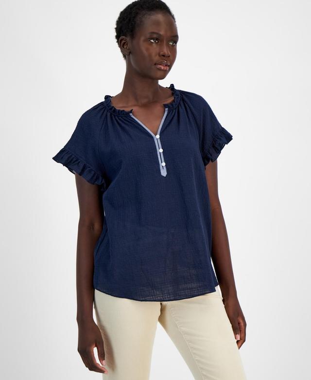 Tommy Hilfiger Womens Cotton Ruffled Raglan-Sleeve Top Product Image