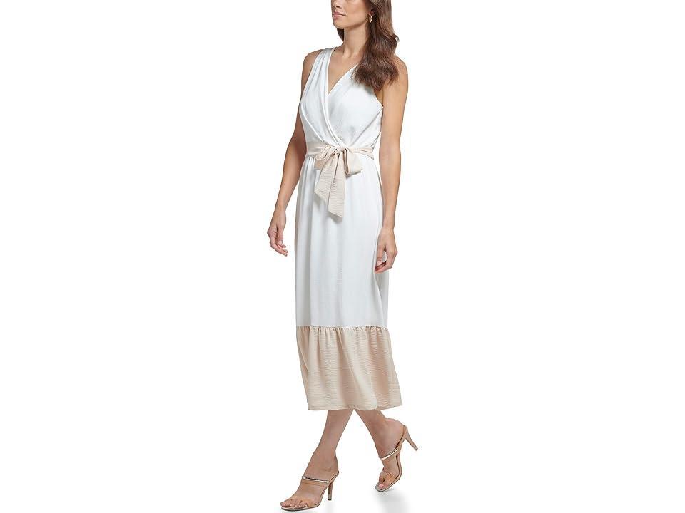 DKNY V-Neck Ruffle Hem Midi Dress (Ivory/Elegant Beige) Women's Dress Product Image