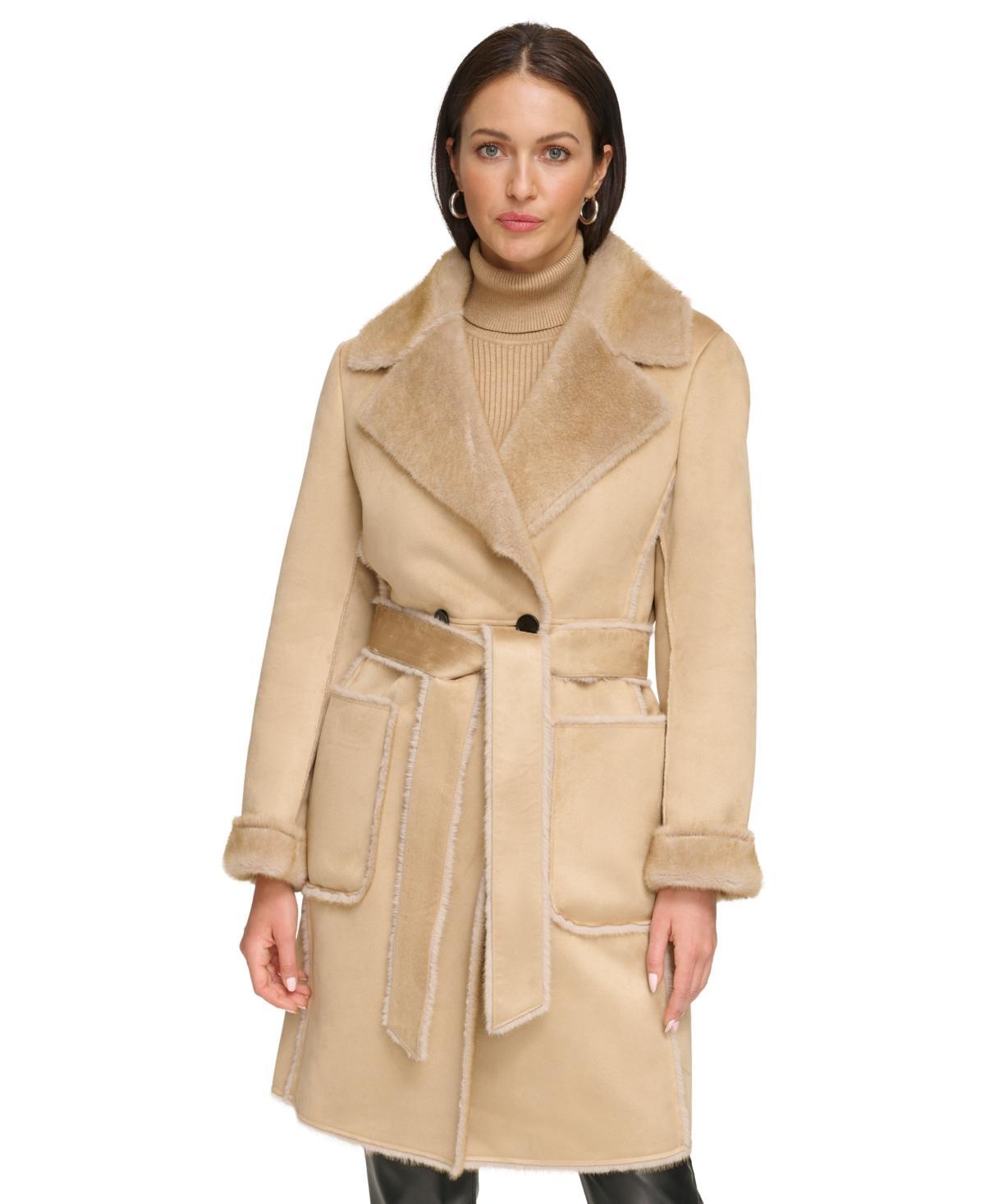 Dkny Womens Belted Notched-Collar Faux-Shearling Coat, Created for Macys Product Image