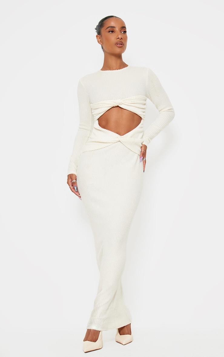 Cream Brushed Rib Cut Out Detail Maxi Dress Product Image