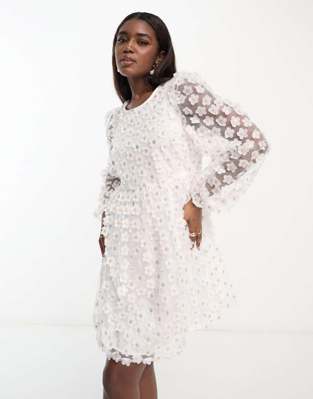 Pieces Bride To Be sheer puff sleeve mini smock dress with 3D flowers in white Product Image