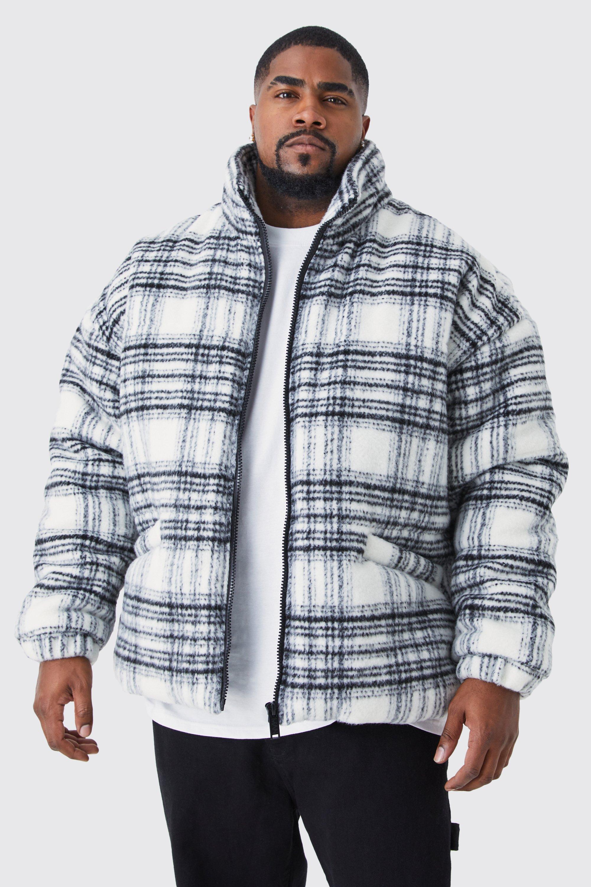 Plus Brushed Check Funnel Neck Puffer | boohooMAN USA Product Image