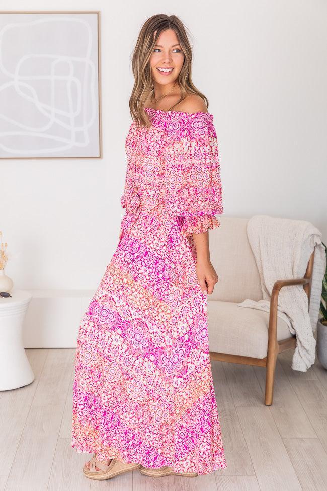 Dynamic Love Pink Printed Off The Shoulder Maxi Dress FINAL SALE Product Image