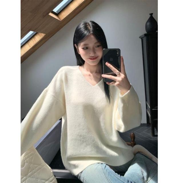 V-Neck Plain Sweater Product Image