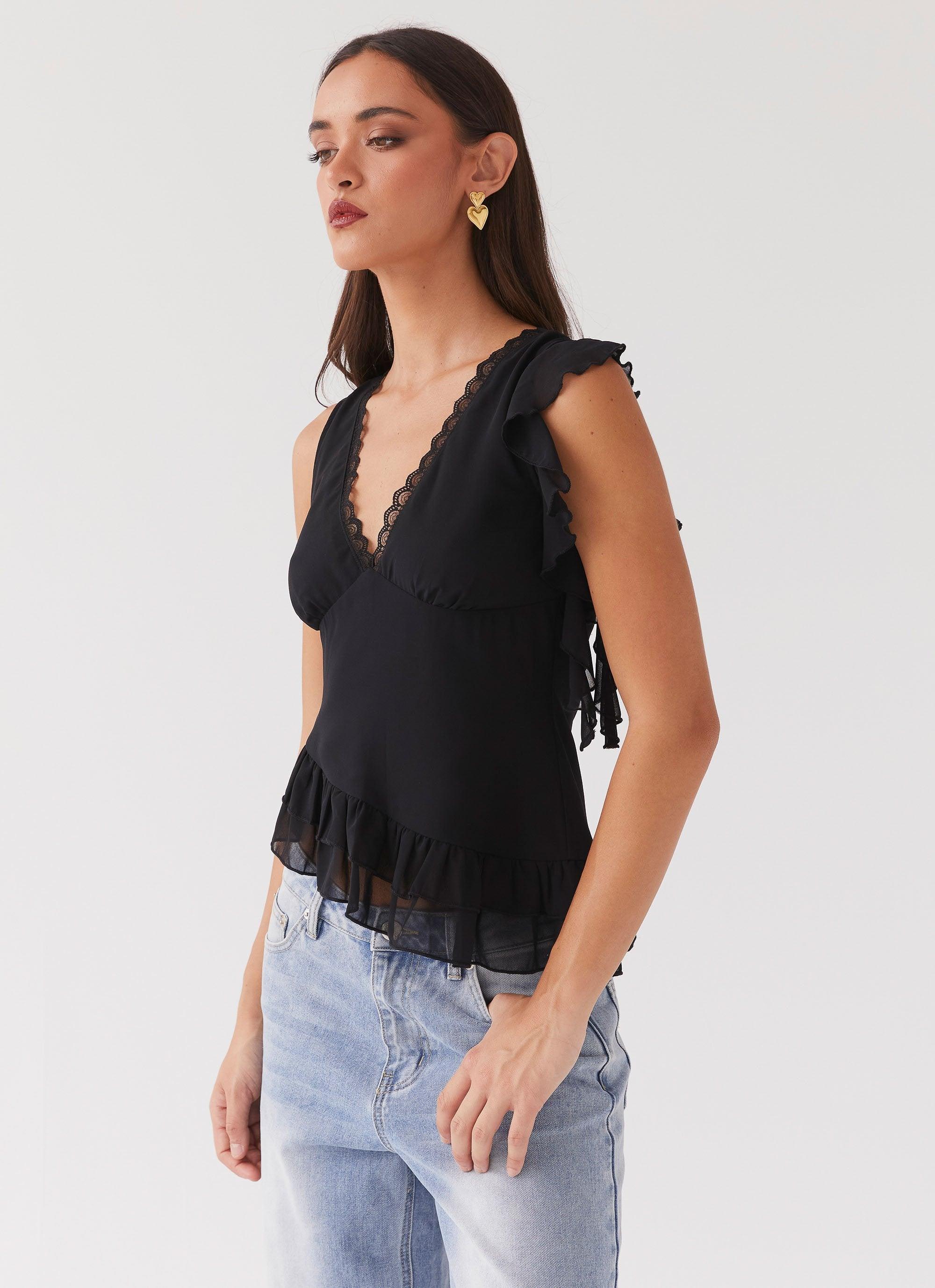 Empress Frill Trim Top - Black Product Image