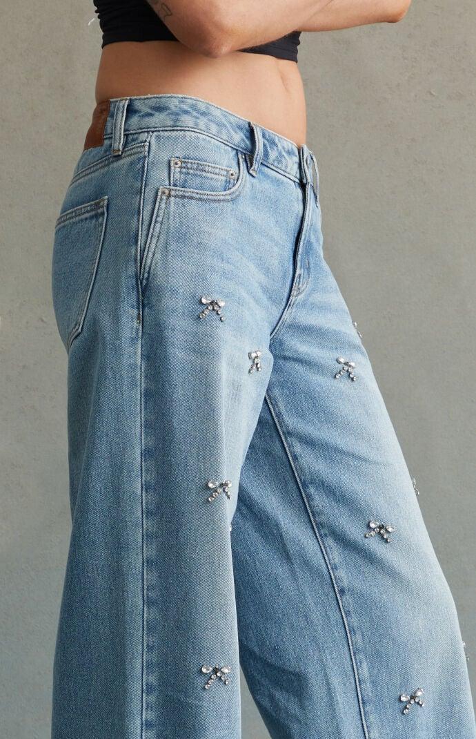 RARE DNM EDIT Women's Light Indigo Rhinestone Bow Low Rise Baggy Jeans Product Image