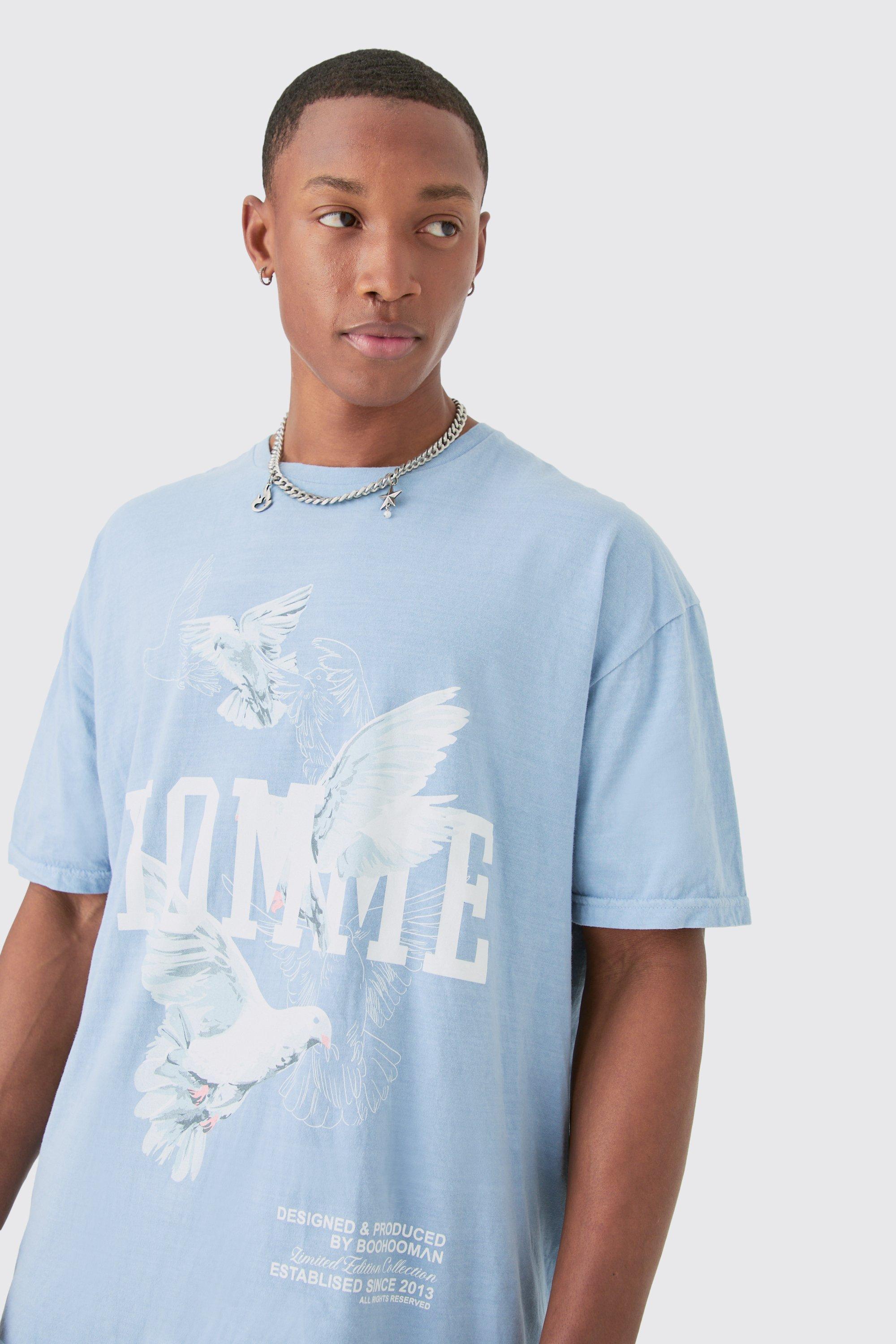 Oversized Washed Dove Print T-shirt | boohooMAN USA Product Image