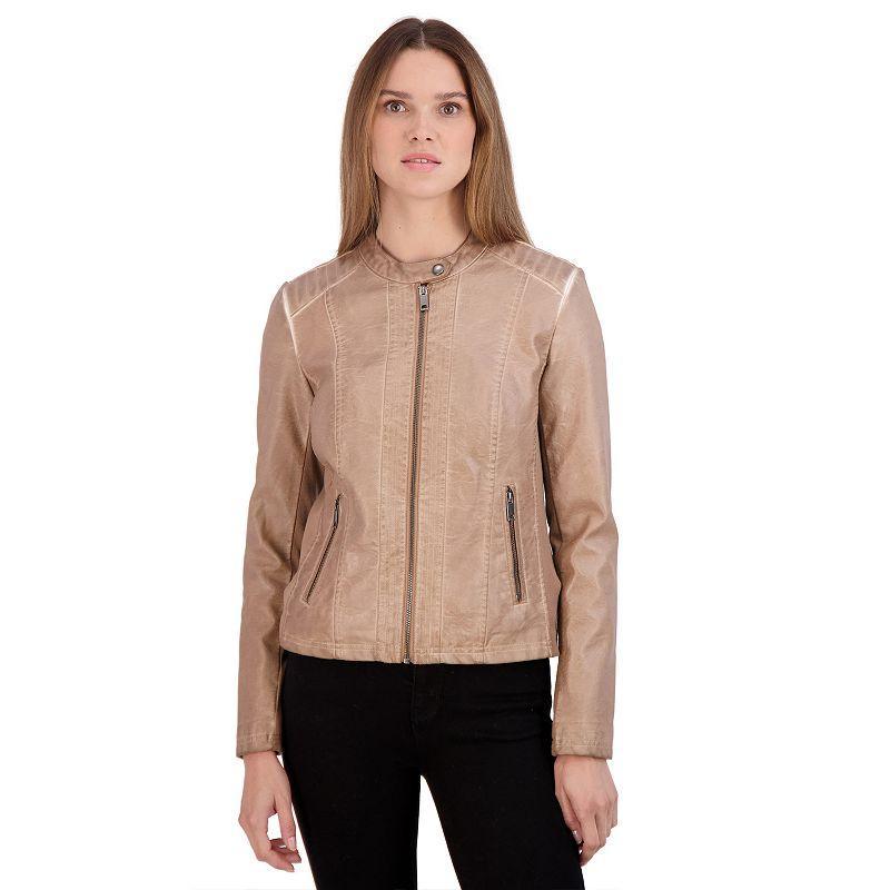 Womens Sebby Collection Faux-Leather Racing Jacket Beige Product Image