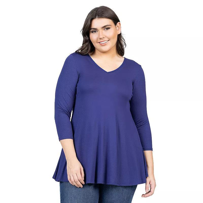 Plus Size 24Seven Comfort Apparel Quarter Sleeve V-Neck Tunic Top, Womens Product Image