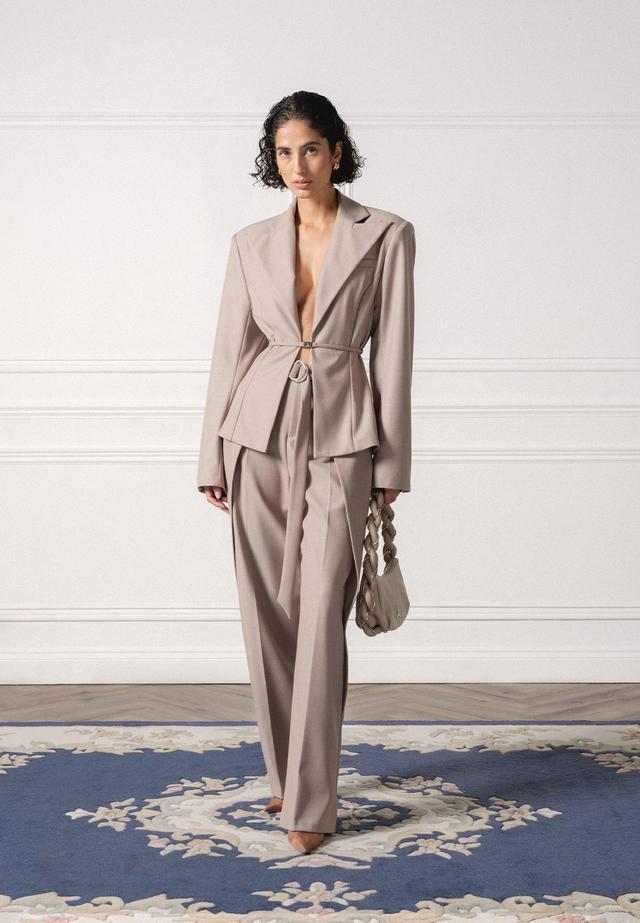 Wide Shoulder Tailored Blazer with Twin Belt - Taupe Female Product Image