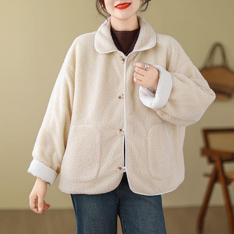 Collared Plain Fleece Lined Button Jacket Product Image