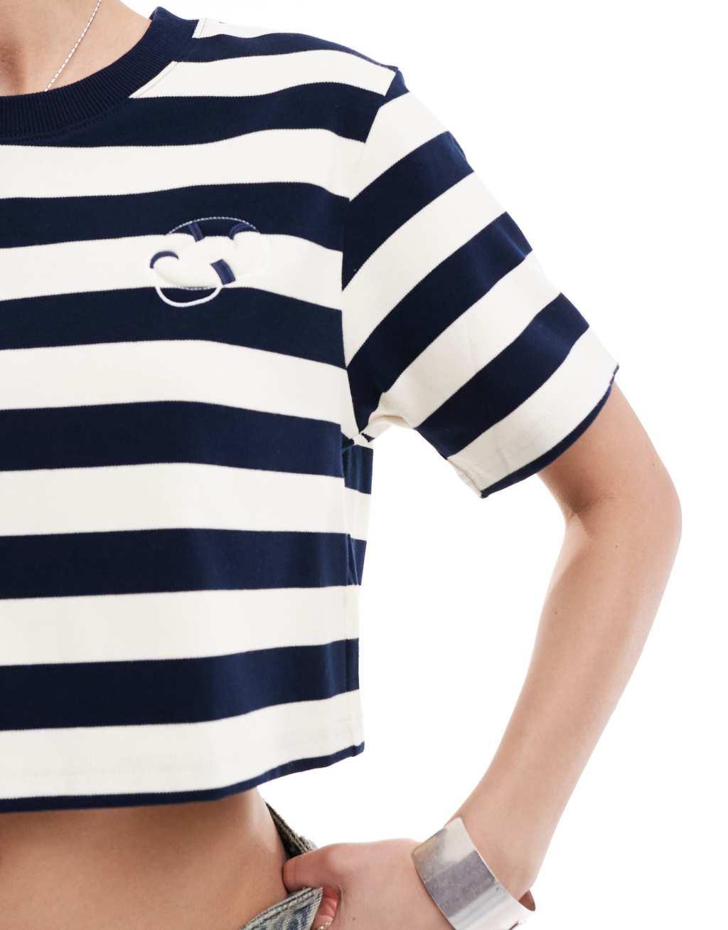 Urban Revivo cropped nautical t-shirt in navy and white product image