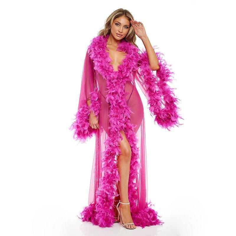 Plus Size Oh La La Cheri Long Faux-Feather Robe LK-10973X, Womens Festival Pink Product Image