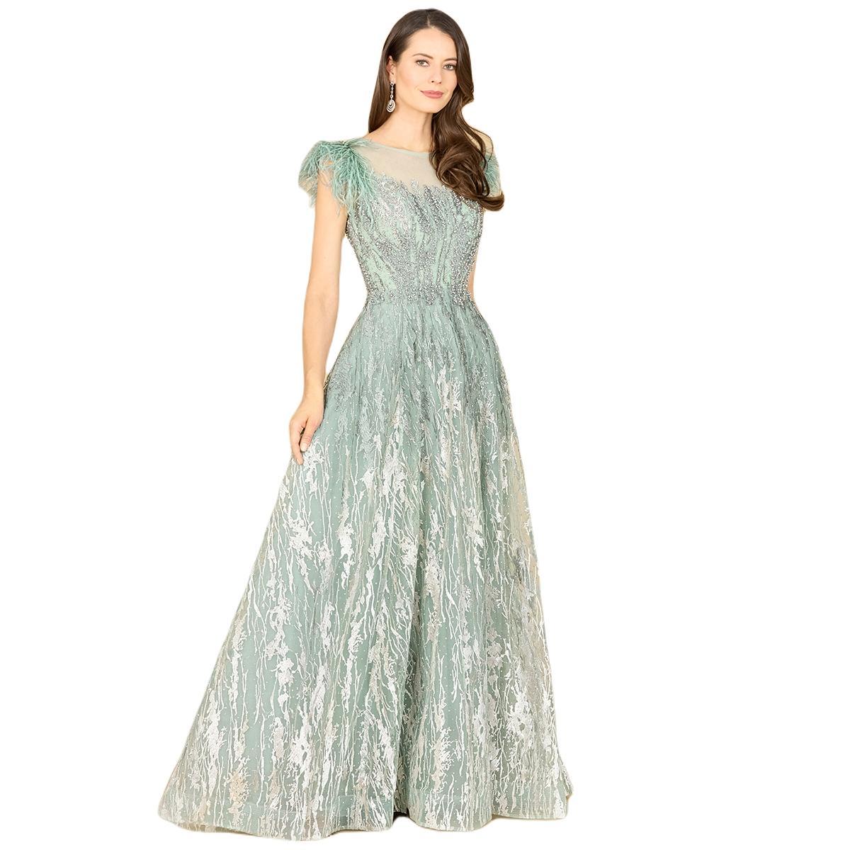 Lara Womens Lace ballgown with Feather Cap Sleeves Product Image