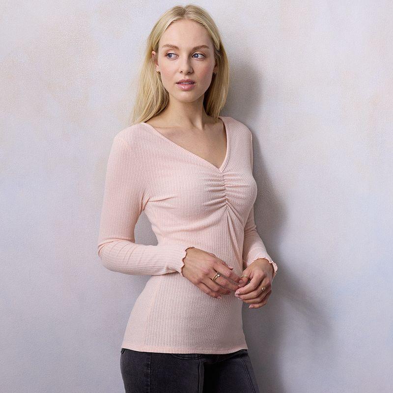 Petite LC Lauren Conrad Long Sleeve Ruched Front V-Neck Top, Womens product image