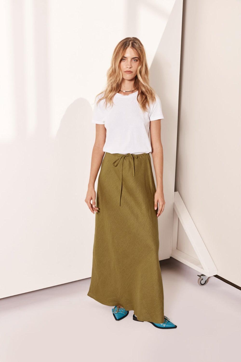 Aki Linen Maxi Skirt Olive Product Image