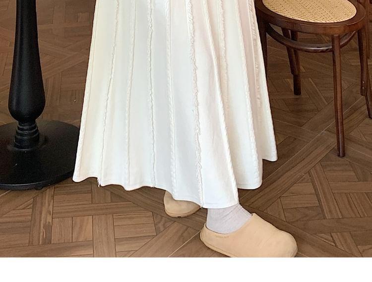 High Waist Plain Fringed Midi A-Line Knit Skirt Product Image