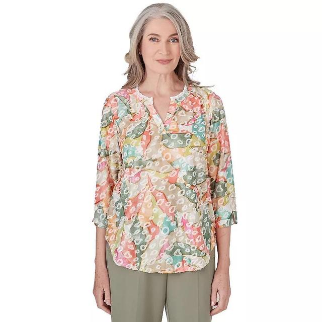 Petite Alfred Dunner Watercolor Leopard Overlay Print V-Neck 3/4-Sleeve Top, Womens Product Image