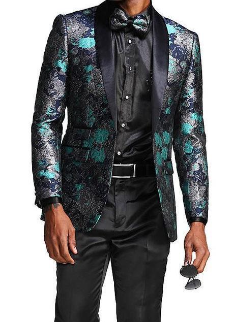 Slim Fit Floral Pattern Blazer Satin Shawl Collar in Turquoise with Bow Tie Product Image