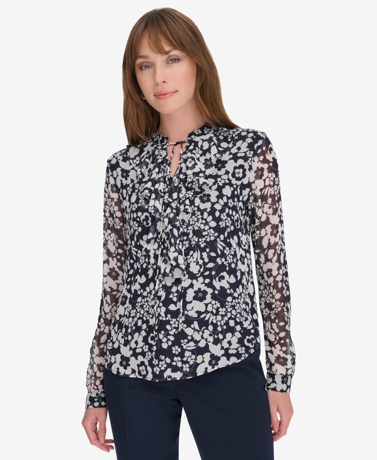 Tommy Hilfiger Womens Ruffled Floral Print Split-Neck Top - Mdnght Product Image