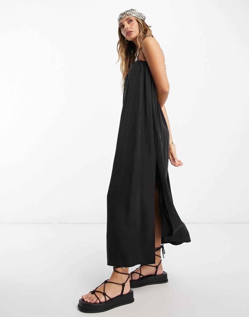 ASOS DESIGN multiway button through midi smock cami sundress in black Product Image