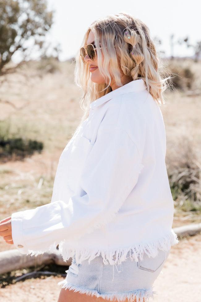 Sun Up In The Saddle White Fringe Hem Denim Jacket FINAL SALE Product Image