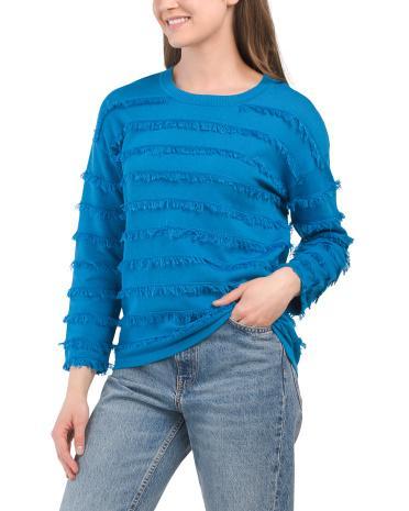 Pima Cotton Striped Fringe Crew Neck Sweater for Women Product Image