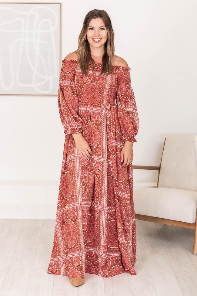 Sounds In My Mind Brick Smocked Bust Off The Shoulder Printed Maxi Dress Product Image